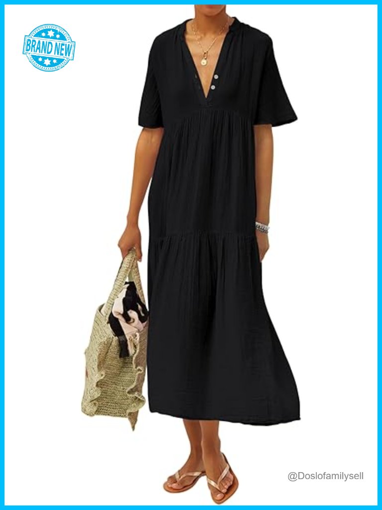 Flowy Cotton Maxi Dress V Neck Short Sleeve Boho Tiered Ruffle
